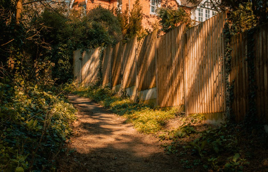 A narrow garden pathway composed of compacted dirt and soil, winding beside a tall wooden fence made of vertical slats with a warm natural finish. The fence casts long, curved shadows across the groun